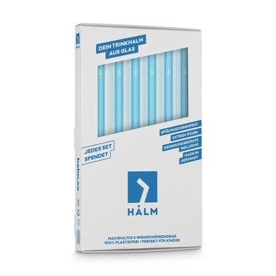 6 neon blue reusable HALM glass straws in the package – 8 inch (20 cm) long and sustainable.