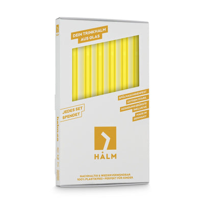 Six neon yellow reusable HALM glass straws in sustainable packaging.