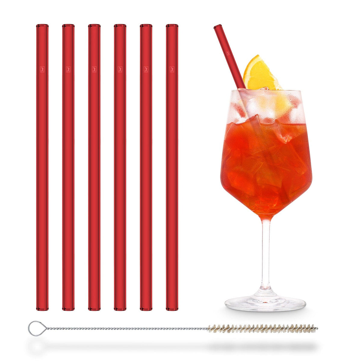 Wiederverwendbare HALM Glasstrohhalme im 6er-Set für Aperol Spritz inklusive Reinigungsbürste.