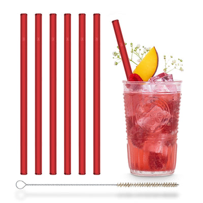 Wiederverwendbare rote HALM Glasstrohhalme in einem Raspberry-Peach-Spritz mit Reinigungsbürste