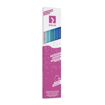 Wiederverwendbare HALM Glasstrohhalme 30cm in Blau- und Grüntönen in der Slim-Verpackung