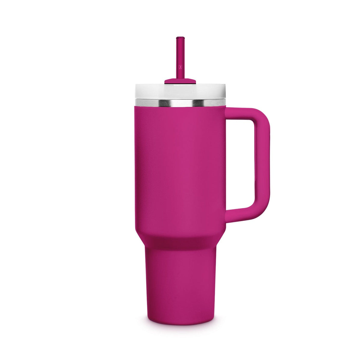 Ein langer pinker HALM Glasstrohhalm in einem Stanley Cup Quencher, der als umweltfreundliche und wiederverwendbare Alternative dient.