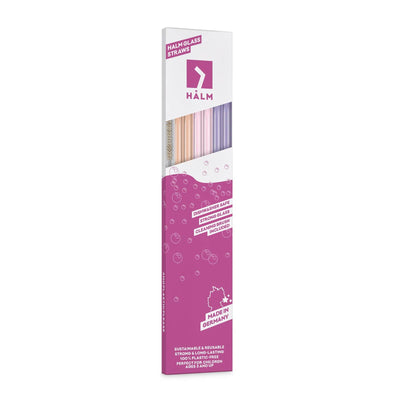 6er Set wiederverwendbare HALM Glasstrohhalme in Pink, Rose Gold und Pastell-Lila, 30 cm lang, in einer SLIM Verpackung.