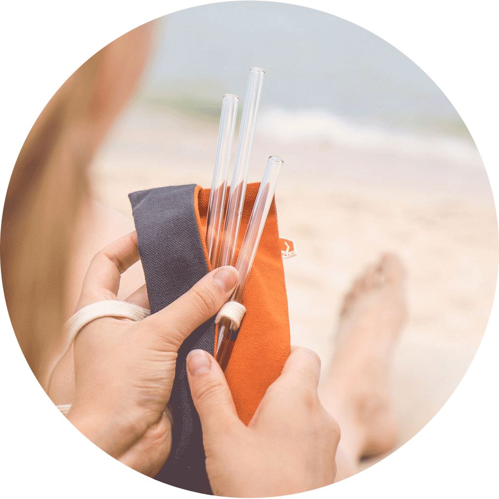 Reusable HALM glass straws in a practical travel pouch, a sustainable alternative to plastic straws