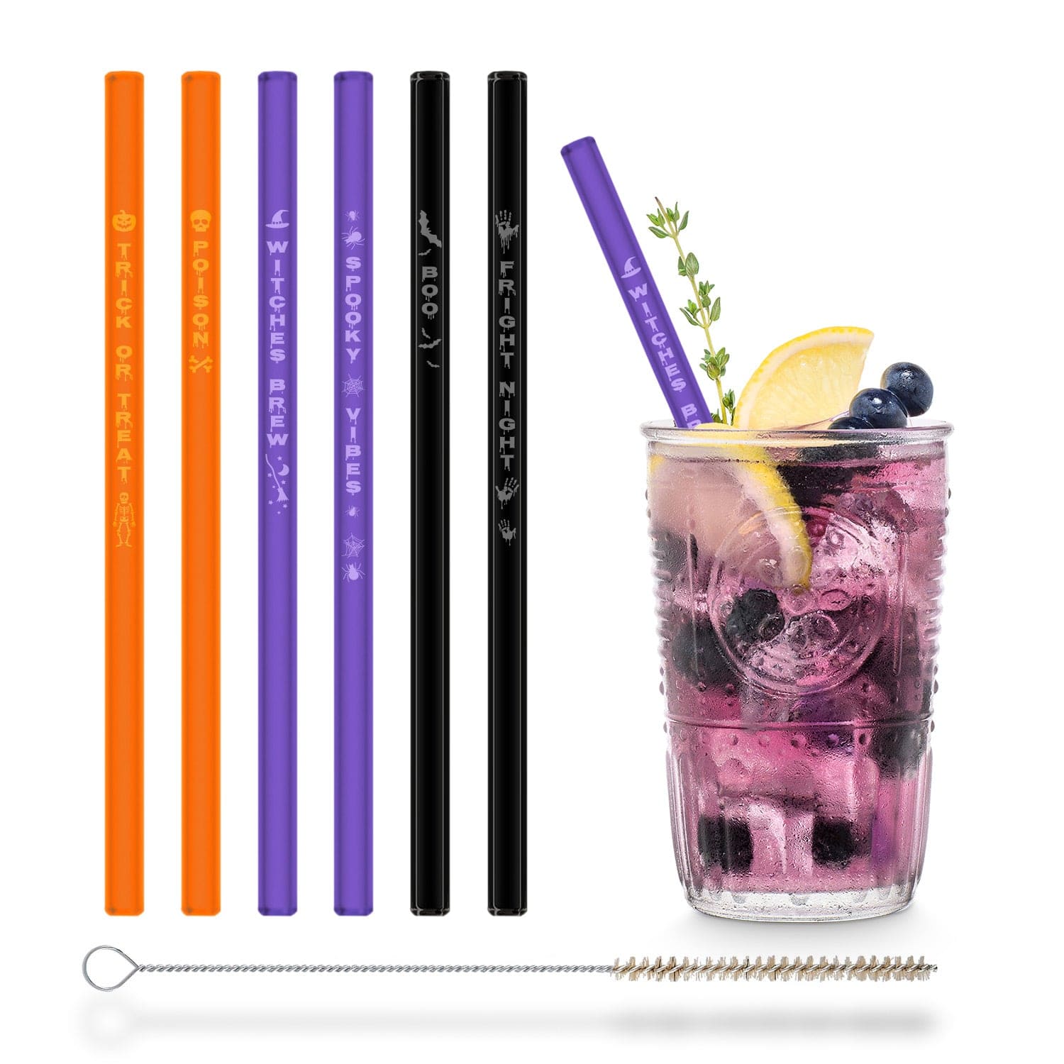 Halloween_Glasstrohhalme_Set_Farben_Neon_Schwarz_Hexe_totekopf_hand_spinnen_Kuerbis