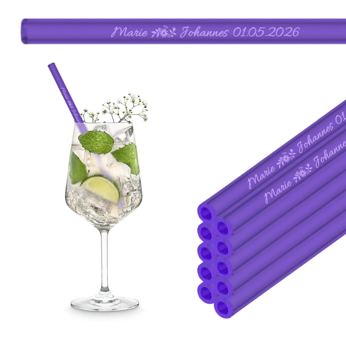 Reusable HALM glass straws in neon purple stacked as a sustainable alternative for Hospitality and home.