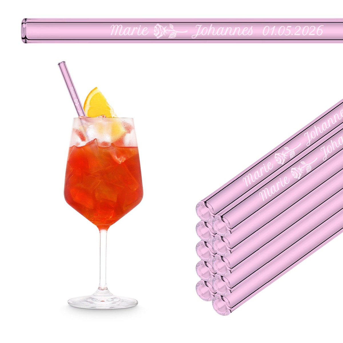 Reusable pink glass straws by HALM in an Aperol Spritz