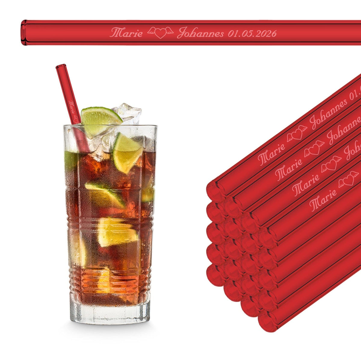 Wiederverwendbare HALM Glasstrohhalme in Rot für einen Cuba Libre Cocktail