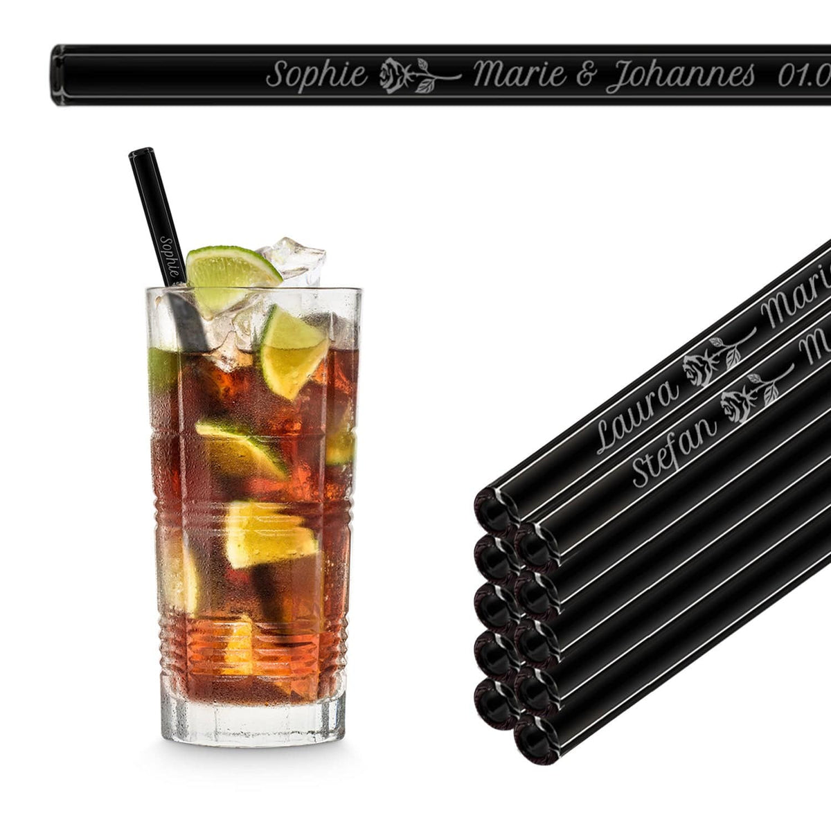HALM glass straws, 10-pack, in black (8 inch (20 cm)), ideal as reusable drinking straws for cocktails like Cuba Libre.