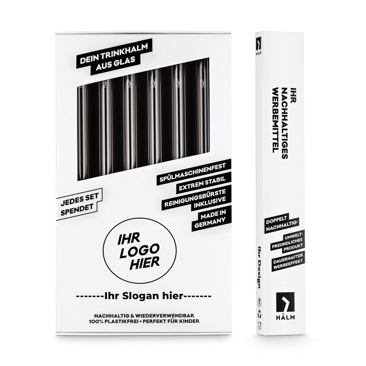 Matériel promotionnel durable et design d’emballage pour les pailles en verre réutilisables HALM comme alternative sans plastique pour les entreprises.