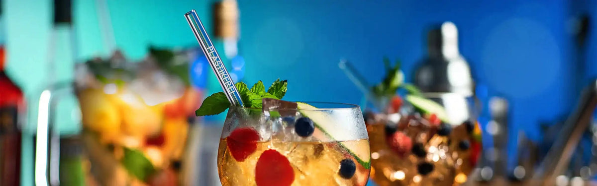 Reusable HALM glass straws in a Pimm's Punch cocktail glass for your next party.