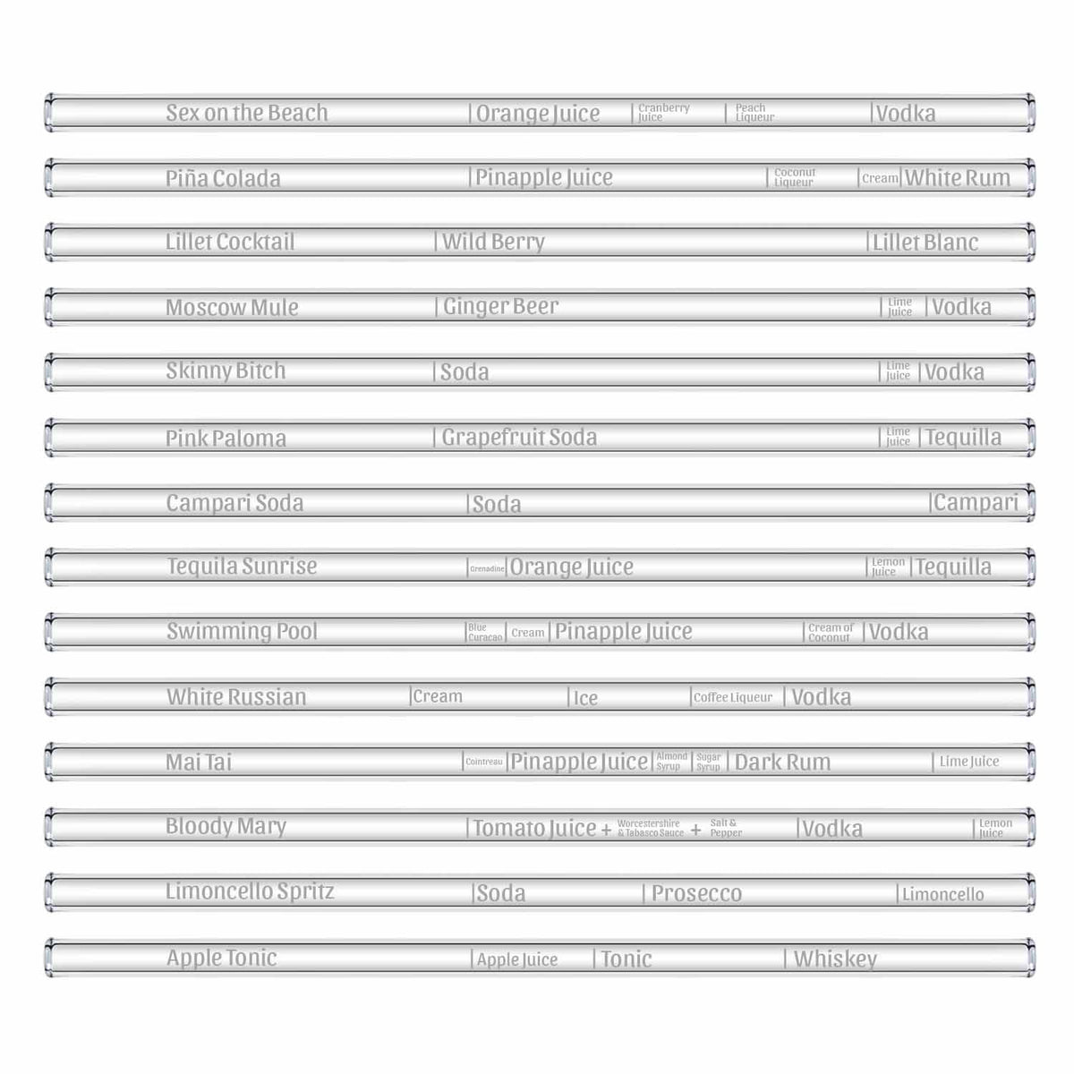 HALM Glasstrohhalme Wählbare Cocktail Rezepte Glasstrohhalme - individuelle Cocktails mit gravierten Maßen für perfektes Mixen - 6er Set