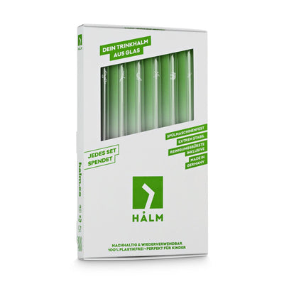 Earth Day HALM straws, extra sturdy glass drinking straws, 6-piece set, certified plastic-free Flustix packaging