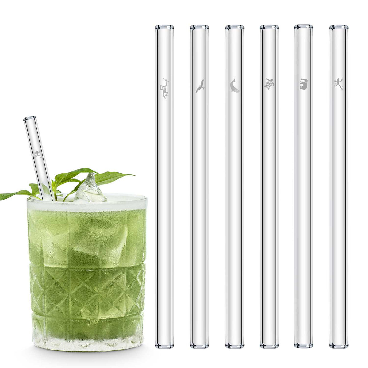HALM Earth Day edition glass straws, 6-pack with engraved motifs, 6 inch (15 cm), 8 inch (20 cm), 9 inch (23 cm)