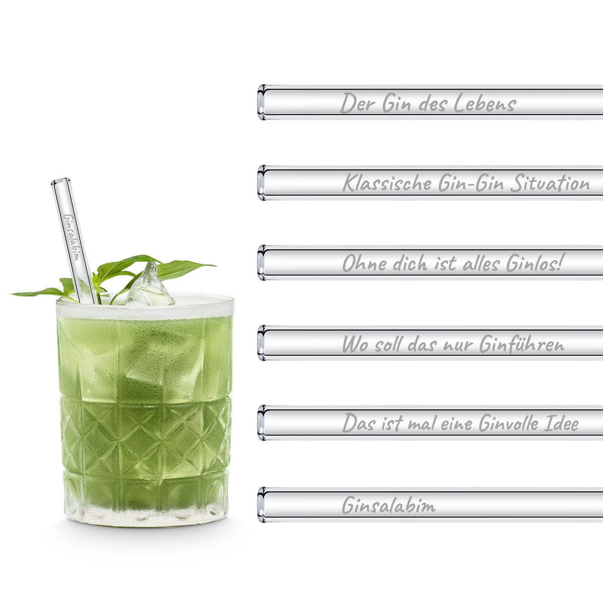 HALM Glasstrohhalme Der Gin des Lebens Edition gravierte mit 6 lustigen Gin Tonic Sprüchen