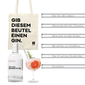 HALM Glasstrohhalme Gin Geschenkset mit Berliner Gin + Lustige Gin Sprüche Glasstrohhalme & Beutel