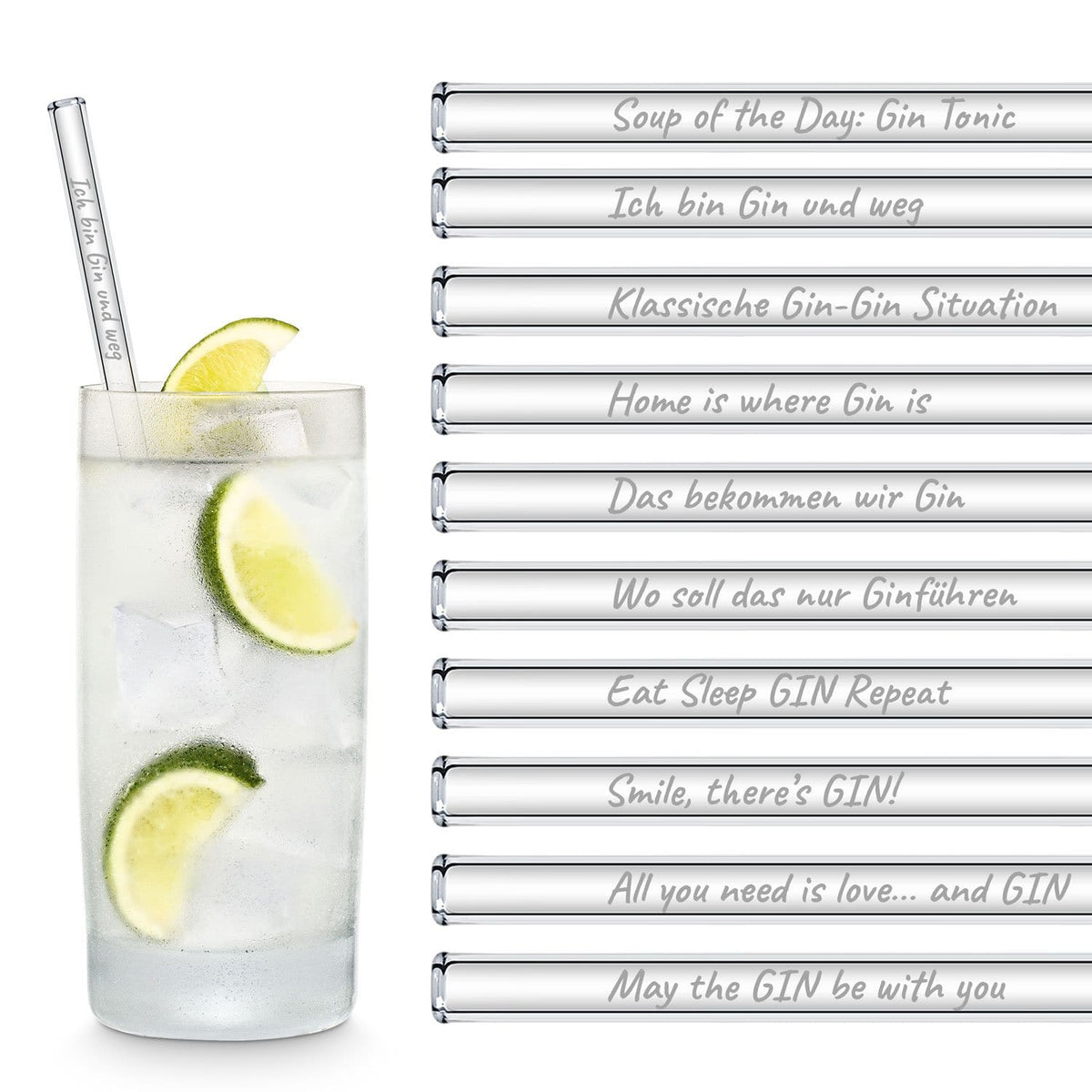 Das ist mal eine Ginvolle Idee Am Ende ergibt alles einen Gin Eat Sleep GIN Repeat Gin Deinem Leben einen Gin Lange Rede kurzer Gin It's Gin O'clock Smile there's Gin May the Gin be with you All you need is love...and Gin Soup of the Day: Gin Tonic Glas Trinkhalme von HALM