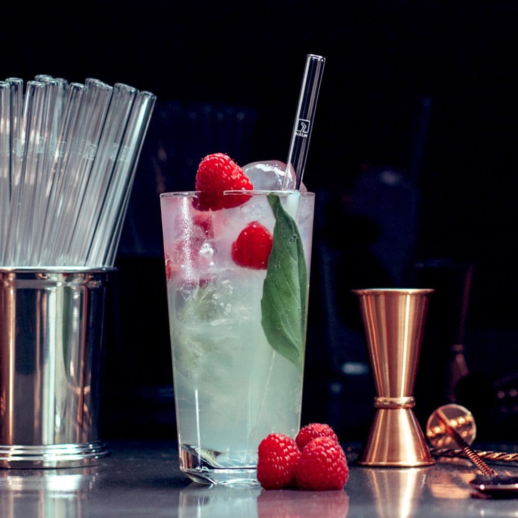 HALM Pailles en verre pour verres à cocktail standard, framboise-menthe, 23 cm, paille écolo