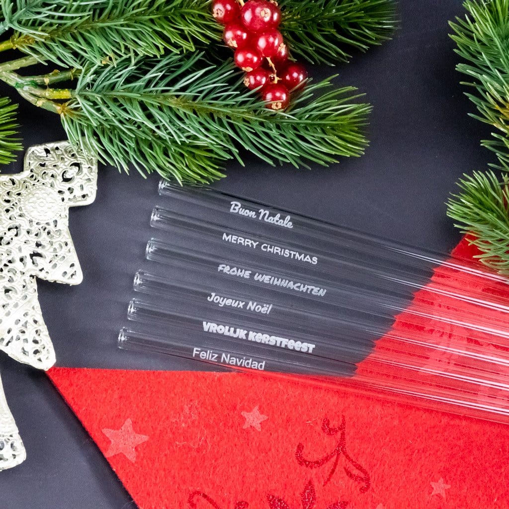 HALM glass straws Christmas Greetings Edition, 6 engraved glass straws in 6 languages - 6 inch (15 cm), 8 inch (20 cm), 9 inch (23 cm)