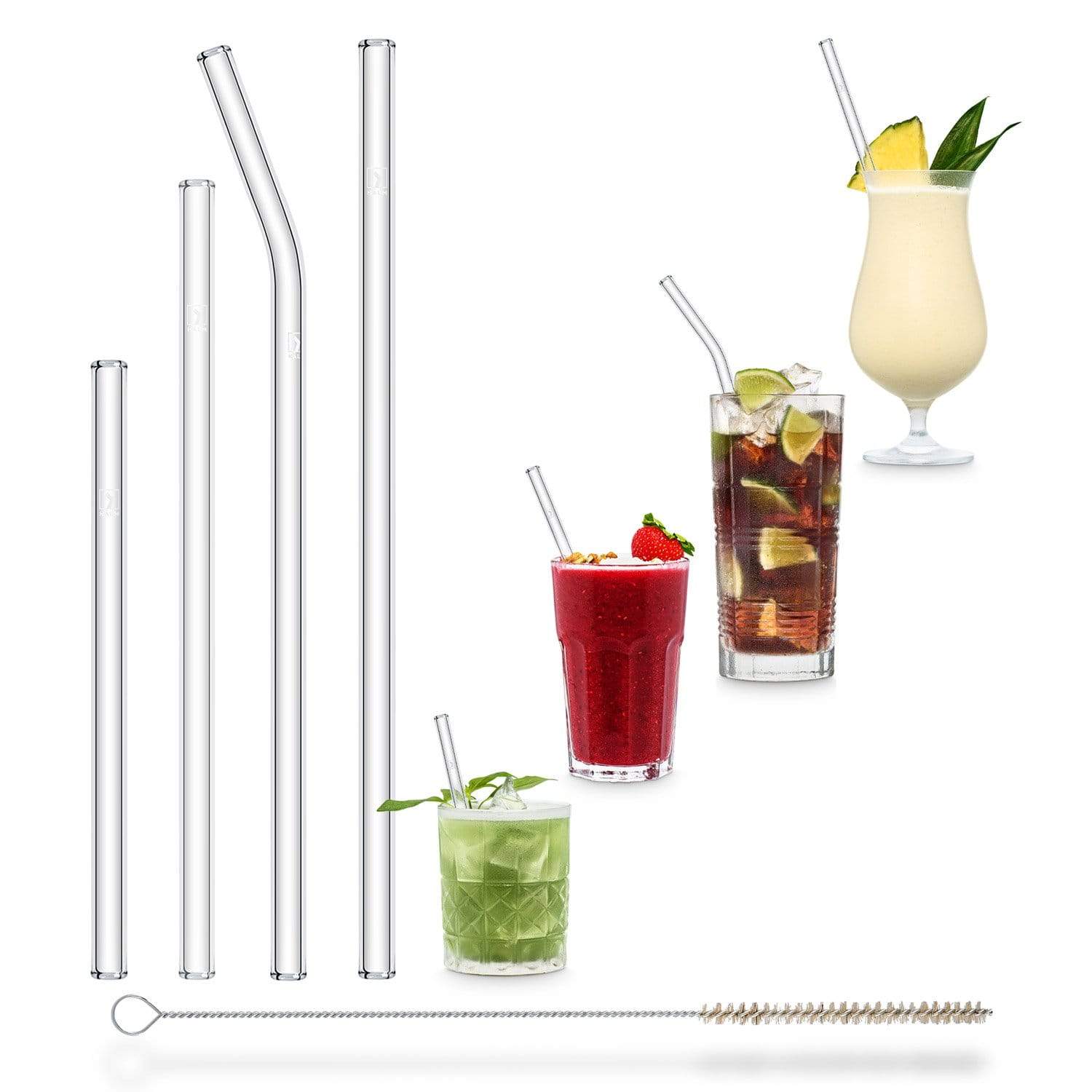 Halm Reusable Glass Straws 4 inch with Plastic Free Brush - Set of 6
