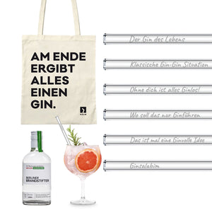 HALM Glasstrohhalme Gin Geschenkset mit Berliner Gin + Lustige Gin Sprüche Glasstrohhalme & Beutel