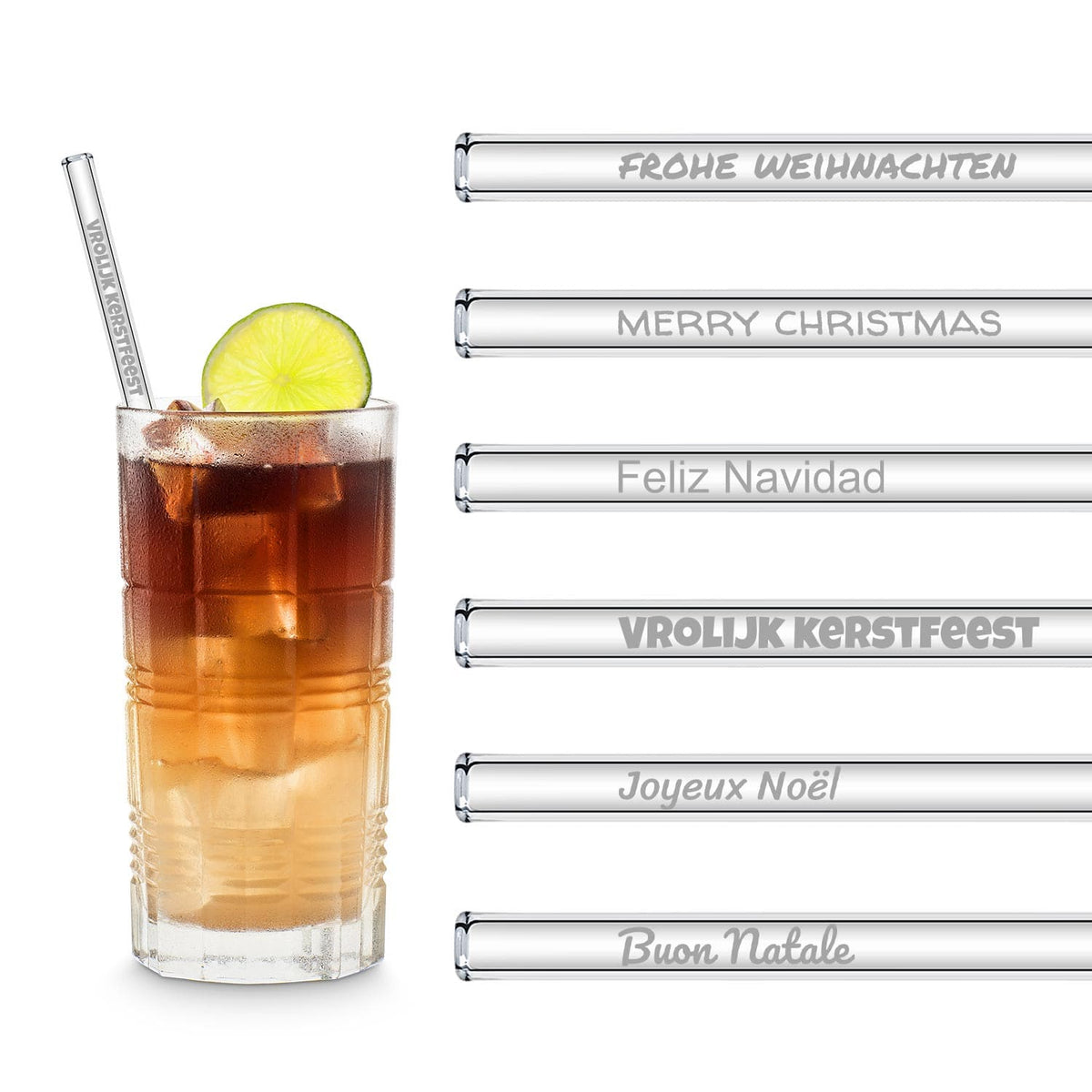 HALM glass straws Christmas Greetings Edition, 6x engraved glass straws in 6 languages - 6 inch (15 cm), 8 inch (20 cm), 9 inch (23 cm)