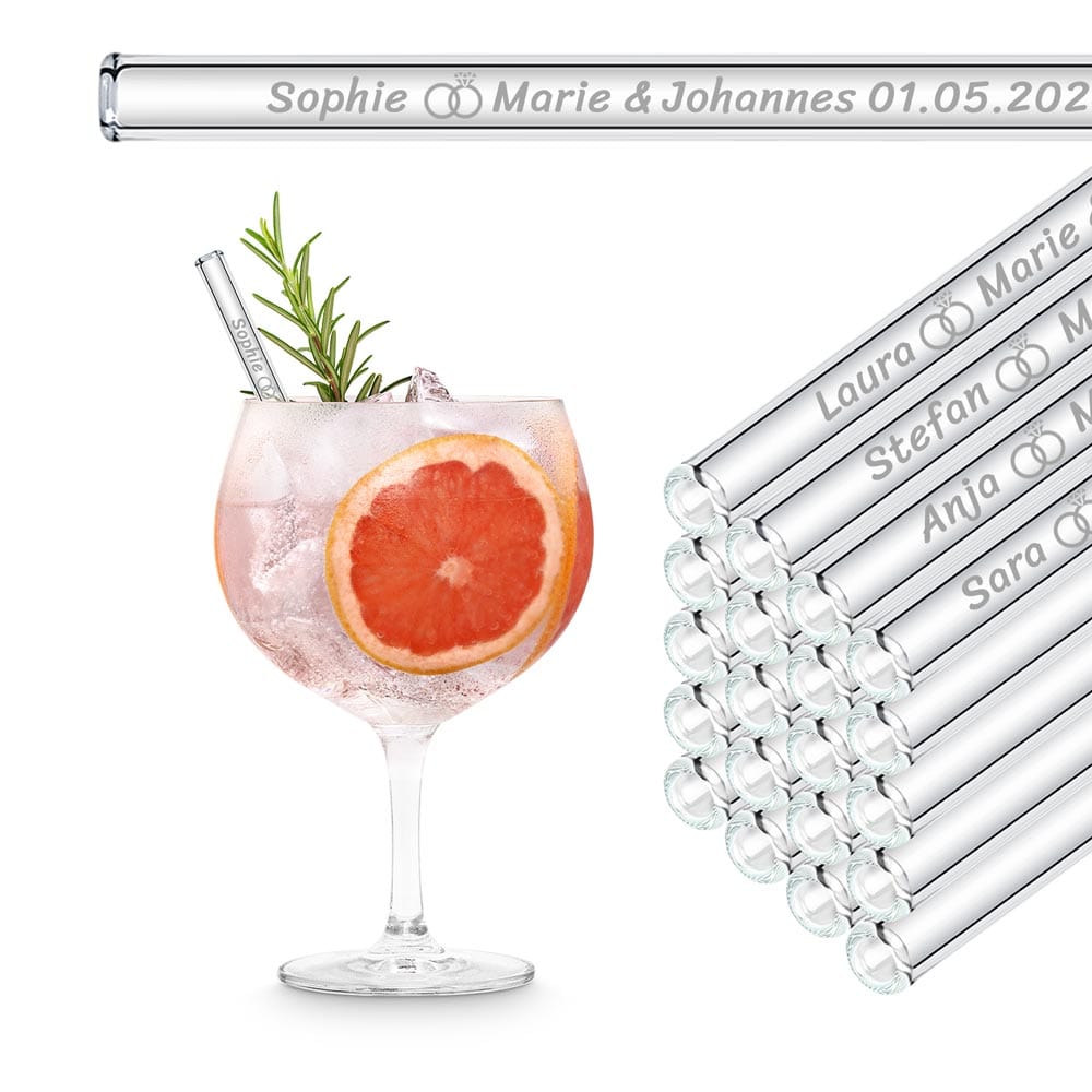 Hochzeit Gastgeschenk gravierte Glasstrohhalme mit Namen, Text & Motiv 15 cm nachhaltig