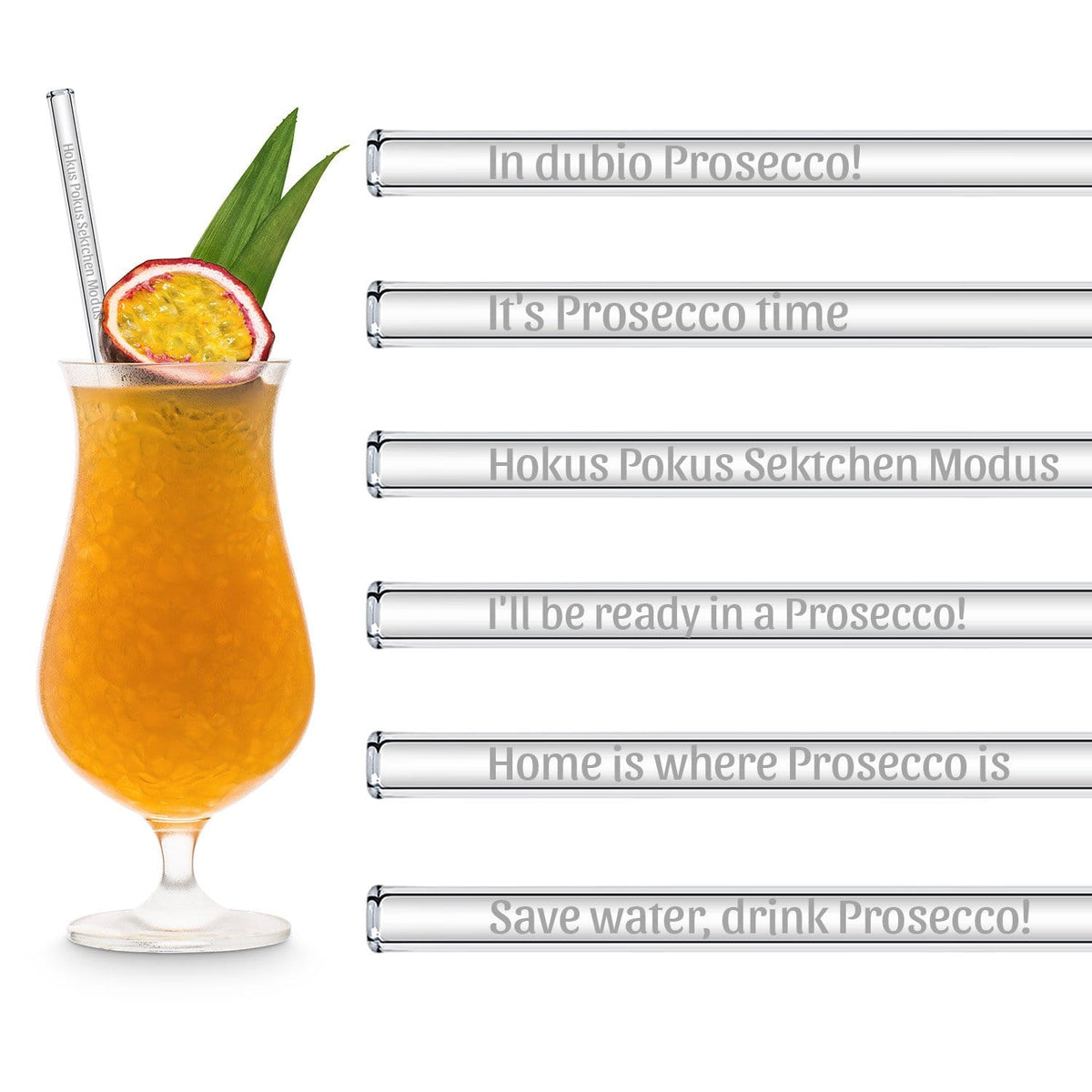 HALM Glasstrohhalme Prosecco Sprüche gravierte Glasstrohhalme mit 6 lustigen Sekt Trinksprüchen