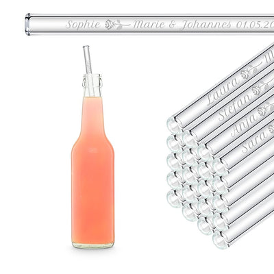 Hochzeit Gastgeschenk gravierte Glasstrohhalme mit Namen, Text & Motiv 27 cm Strohhalme