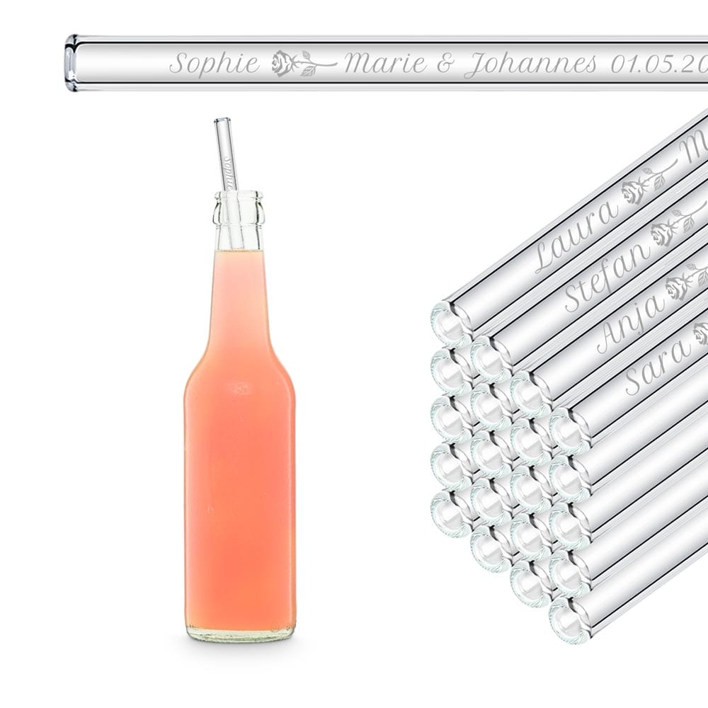 Hochzeit Gastgeschenk gravierte Glasstrohhalme mit Namen, Text & Motiv 27 cm Strohhalme 