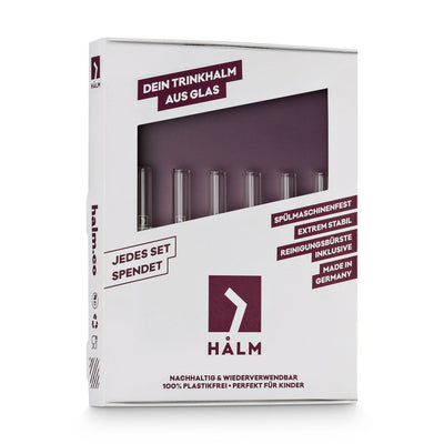 HALM glass straws set of 6 4 inch (10 cm) FSC logo cleaning brush