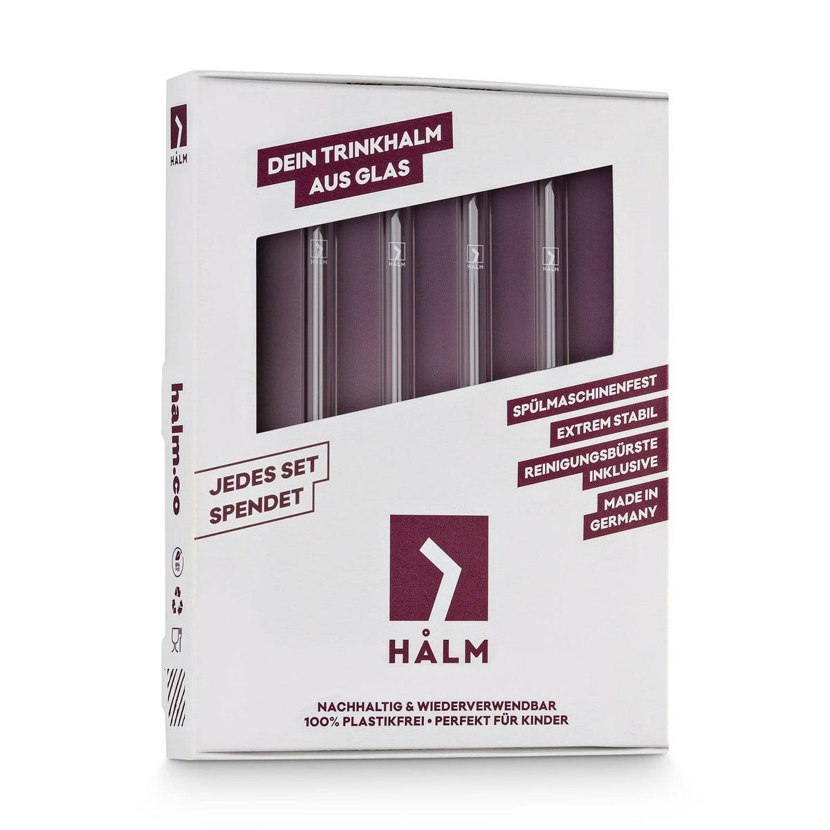 Set de 4 pajitas de cristal HALM de 15 cm, sello FSC, sin plástico