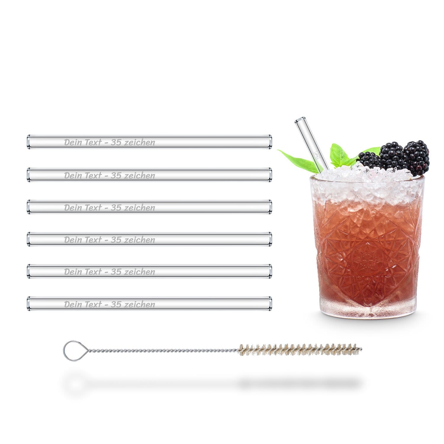 HALM Glas strohhalm mit gravur kurz 6er set fuer cocktails tumbler glaeser 15cm