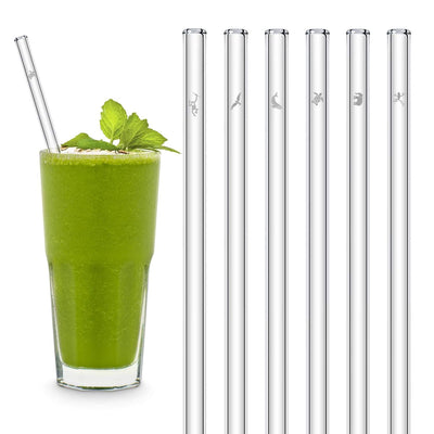 glass drinking straws with turtle, monkey, seabird and elephant; gifts with frog and whale, green smoothie, organic